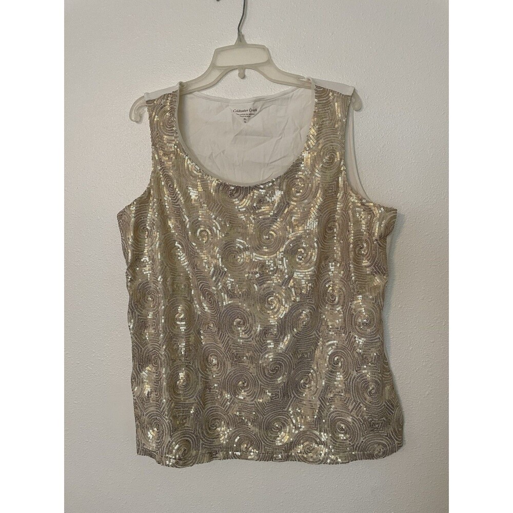 Coldwater Creek Womens XL 16 Gold Sequin Sleeveless Shirt Champaign Tank Blouse